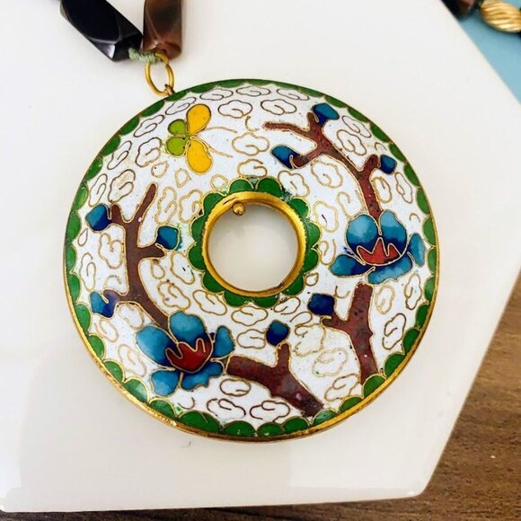 Vintage Cloisonné Ping An Kou Pendant Necklace With Red Tigers Eye Beads 30" - Picture 4 of 6